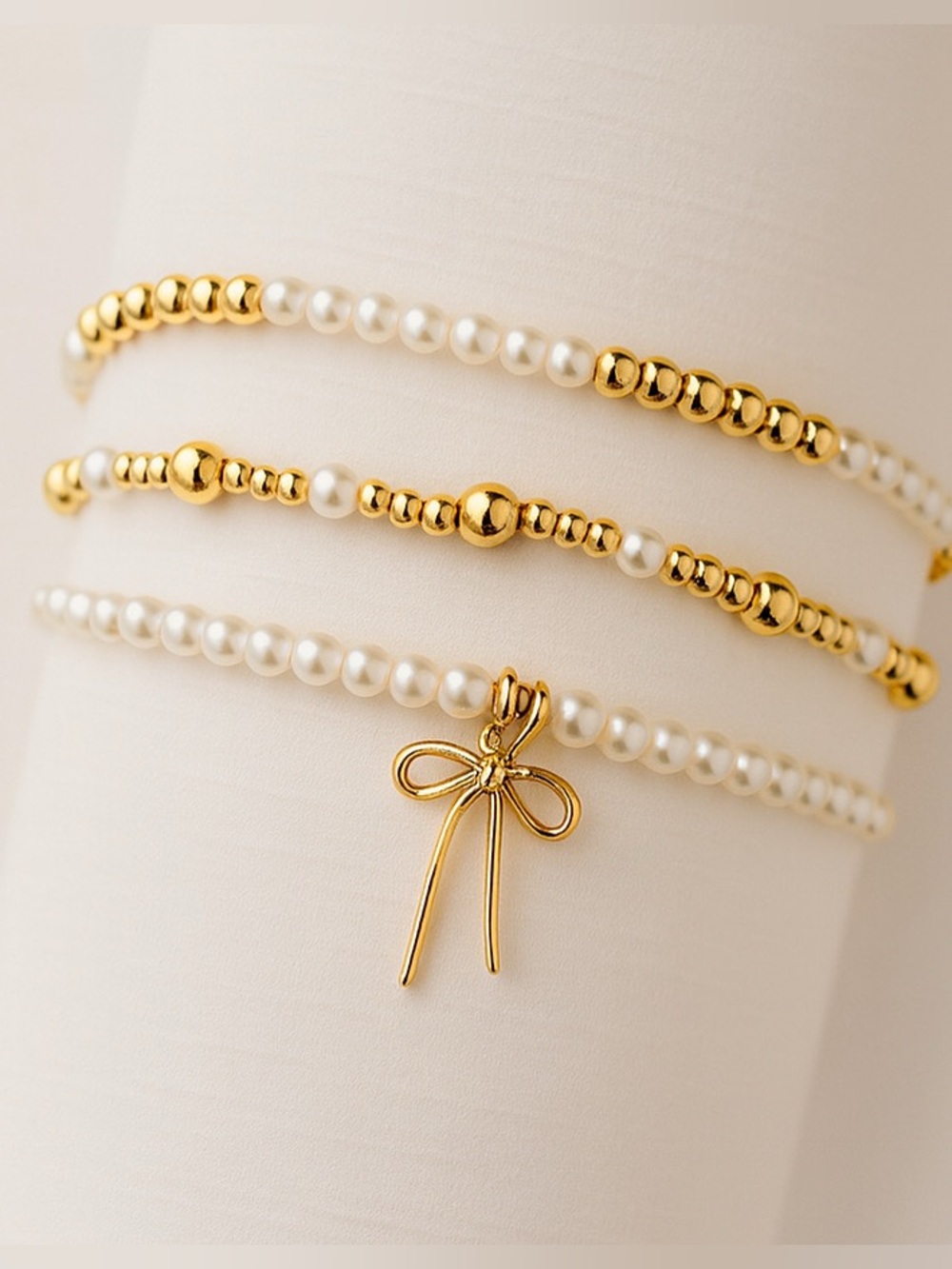 Gold and Pearl Beaded Stretch Bracelet Set  of 3 - Elegant Women’s Jewelry
